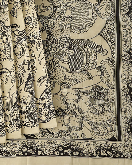 Beige Chennori Silk Pen Kalamkari Saree with Handpainted Mythological Design, Width 110 Cms, Origin: Sri Kalahasthi, India, 5.5 Mtrs with Blouse Piece-D22829