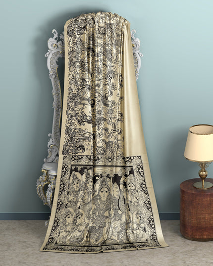 Beige Chennori Silk Pen Kalamkari Saree with Handpainted Mythological Design, Width 110 Cms, Origin: Sri Kalahasthi, India, 5.5 Mtrs with Blouse Piece-D22829