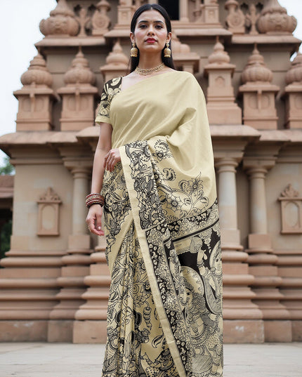 Beige Chennori Silk Pen Kalamkari Saree with Handpainted Mythological Design, Width 110 Cms, Origin: Sri Kalahasthi, India, 5.5 Mtrs with Blouse Piece-D22829