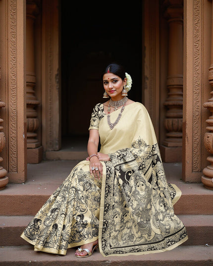 Beige Chennori Silk Pen Kalamkari Saree with Handpainted Mythological Design, Width 110 Cms, Origin: Sri Kalahasthi, India, 5.5 Mtrs with Blouse Piece-D22829