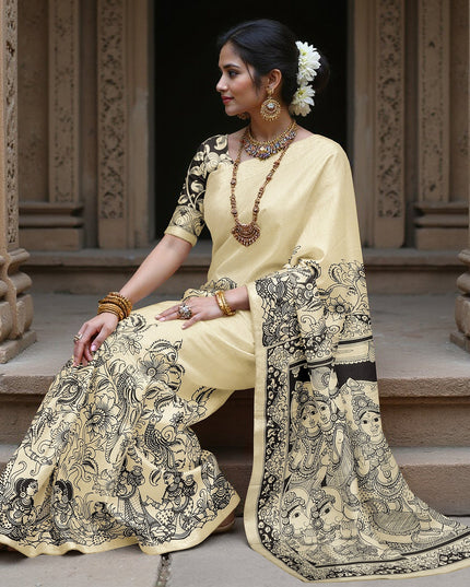 Beige Chennori Silk Pen Kalamkari Saree with Handpainted Mythological Design, Width 110 Cms, Origin: Sri Kalahasthi, India, 5.5 Mtrs with Blouse Piece-D22829