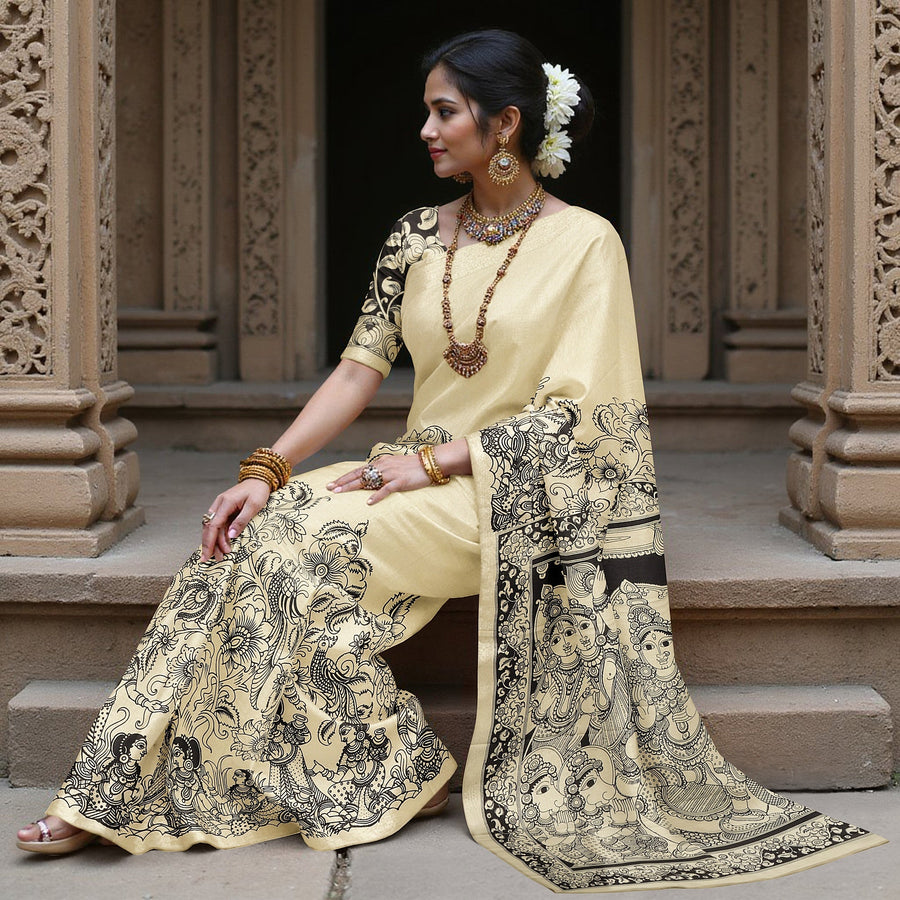 Beige Chennori Silk Pen Kalamkari Saree with Handpainted Mythological Design, Width 110 Cms, Origin: Sri Kalahasthi, India, 5.5 Mtrs with Blouse Piece-D22829