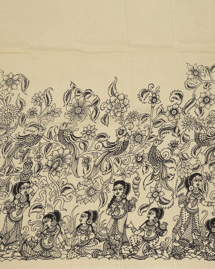 Beige Chennori Silk Pen Kalamkari Saree with Handpainted Mythological Design, Width 110 Cms, Origin: Sri Kalahasthi, India, 5.5 Mtrs with Blouse Piece-D22829