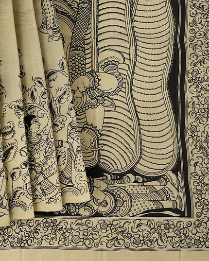 Cream Chennori Silk Pen Kalamkari Saree with Handpainted Traditional Motifs, Width 110 Cms, Origin: Sri Kalahasthi, India, 5.5 Mtrs with Blouse Piece-D22830