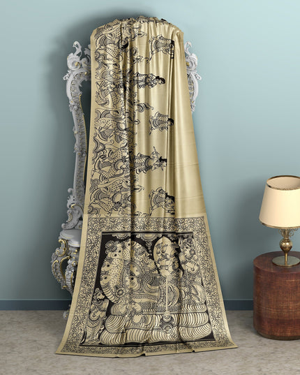 Cream Chennori Silk Pen Kalamkari Saree with Handpainted Traditional Motifs, Width 110 Cms, Origin: Sri Kalahasthi, India, 5.5 Mtrs with Blouse Piece-D22830