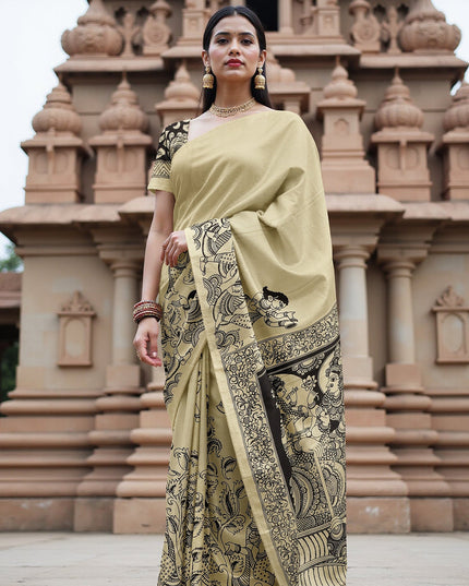 Cream Chennori Silk Pen Kalamkari Saree with Handpainted Traditional Motifs, Width 110 Cms, Origin: Sri Kalahasthi, India, 5.5 Mtrs with Blouse Piece-D22830