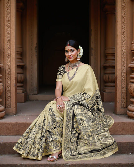 Cream Chennori Silk Pen Kalamkari Saree with Handpainted Traditional Motifs, Width 110 Cms, Origin: Sri Kalahasthi, India, 5.5 Mtrs with Blouse Piece-D22830