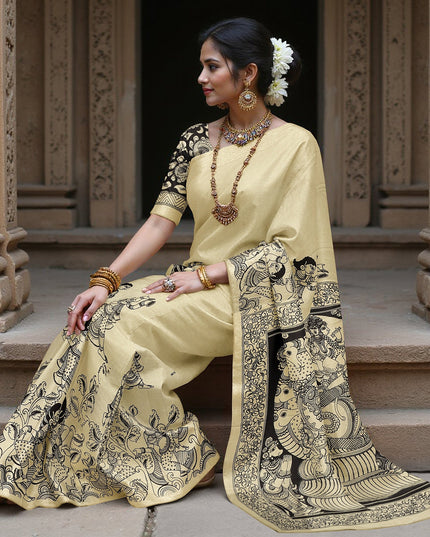 Cream Chennori Silk Pen Kalamkari Saree with Handpainted Traditional Motifs, Width 110 Cms, Origin: Sri Kalahasthi, India, 5.5 Mtrs with Blouse Piece-D22830