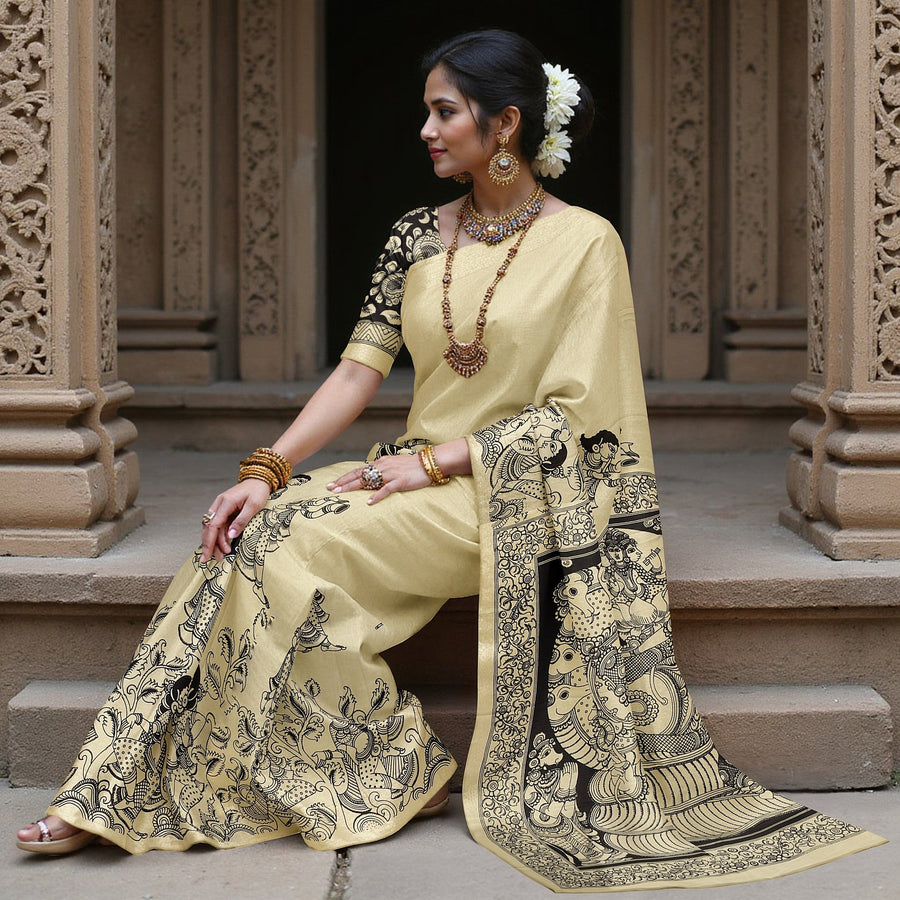 Cream Chennori Silk Pen Kalamkari Saree with Handpainted Traditional Motifs, Width 110 Cms, Origin: Sri Kalahasthi, India, 5.5 Mtrs with Blouse Piece-D22830