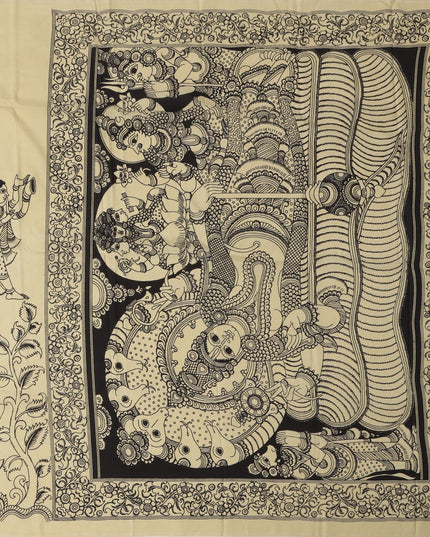 Cream Chennori Silk Pen Kalamkari Saree with Handpainted Traditional Motifs, Width 110 Cms, Origin: Sri Kalahasthi, India, 5.5 Mtrs with Blouse Piece-D22830