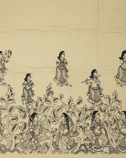 Cream Chennori Silk Pen Kalamkari Saree with Handpainted Traditional Motifs, Width 110 Cms, Origin: Sri Kalahasthi, India, 5.5 Mtrs with Blouse Piece-D22830