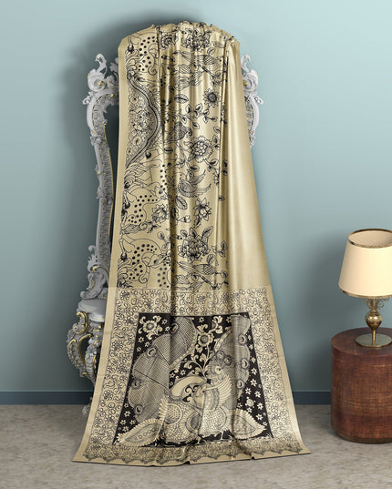 ساري كالامكاري حرير كريمي من شينوري، مزين بمشاهد أسطورية مرسومة يدويًا، عرض 110 سم، أصله: سري كالاهاستي، الهند، طوله 5.5 متر مع بلوزة - D22831