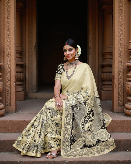 ساري كالامكاري حرير كريمي من شينوري، مزين بمشاهد أسطورية مرسومة يدويًا، عرض 110 سم، أصله: سري كالاهاستي، الهند، طوله 5.5 متر مع بلوزة - D22831