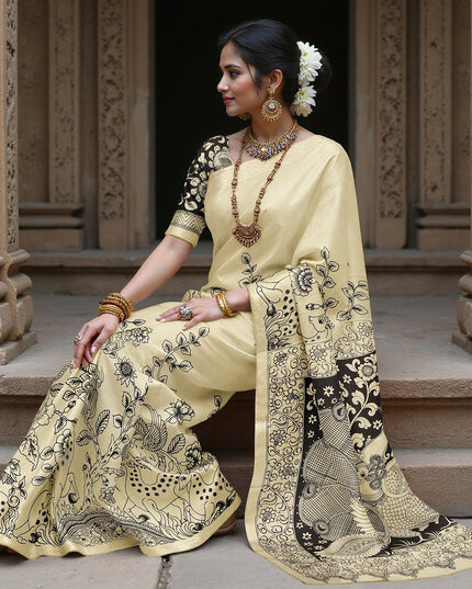 ساري كالامكاري حرير كريمي من شينوري، مزين بمشاهد أسطورية مرسومة يدويًا، عرض 110 سم، أصله: سري كالاهاستي، الهند، طوله 5.5 متر مع بلوزة - D22831