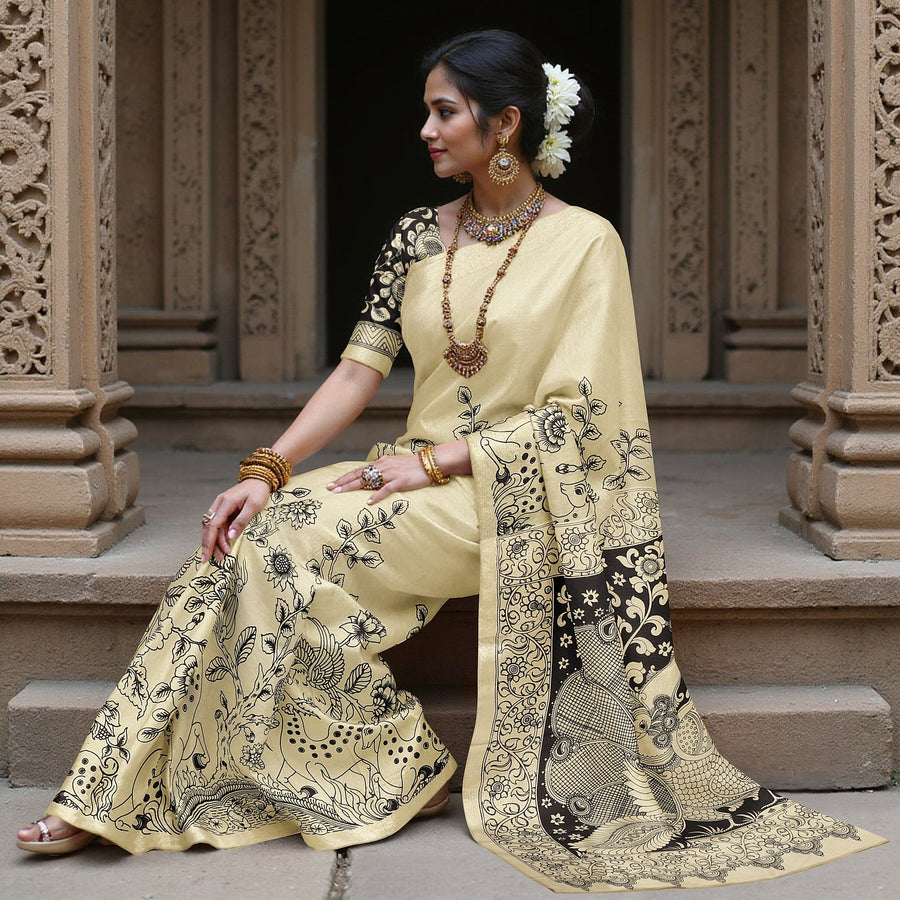 ساري كالامكاري حرير كريمي من شينوري، مزين بمشاهد أسطورية مرسومة يدويًا، عرض 110 سم، أصله: سري كالاهاستي، الهند، طوله 5.5 متر مع بلوزة - D22831