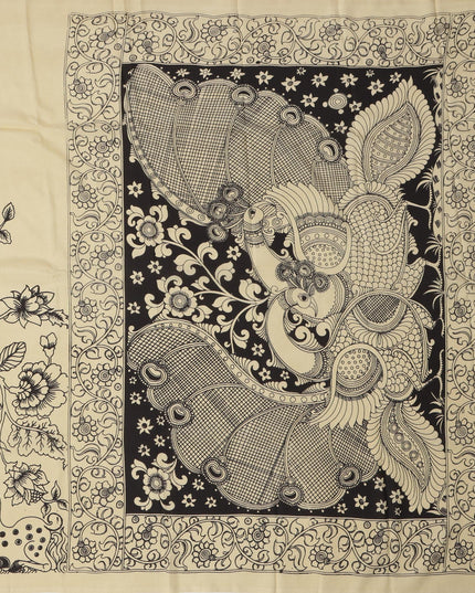 ساري كالامكاري حرير كريمي من شينوري، مزين بمشاهد أسطورية مرسومة يدويًا، عرض 110 سم، أصله: سري كالاهاستي، الهند، طوله 5.5 متر مع بلوزة - D22831