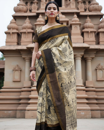 ساري كالامكاري حريري كريمي من بنغالور، مزين برسومات ملحمية مرسومة يدويًا، عرض 110 سم، من سري كالاهاستي، الهند، بطول 5.5 متر مع بلوزة - D22832