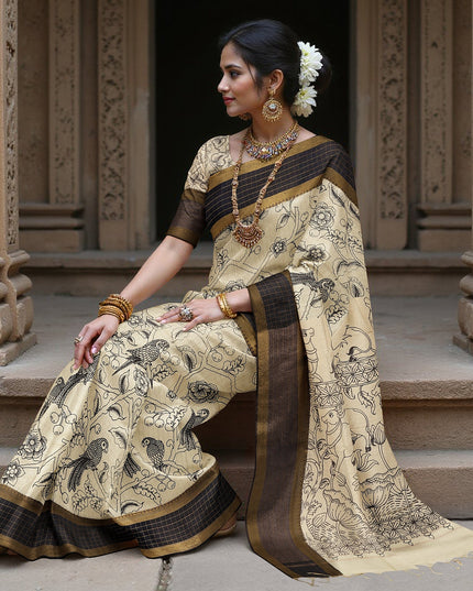 ساري كالامكاري حريري كريمي من بنغالور، مزين برسومات ملحمية مرسومة يدويًا، عرض 110 سم، من سري كالاهاستي، الهند، بطول 5.5 متر مع بلوزة - D22832