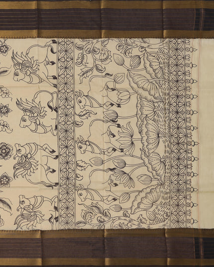 ساري كالامكاري حريري كريمي من بنغالور، مزين برسومات ملحمية مرسومة يدويًا، عرض 110 سم، من سري كالاهاستي، الهند، بطول 5.5 متر مع بلوزة - D22832