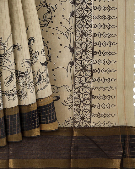 Cream Bangalore Silk Pen Kalamkari Saree with Handpainted Mythological Figures, Width 110 Cms, Origin: Sri Kalahasthi, India, 5.5 Mtrs with Blouse Piece-D22833