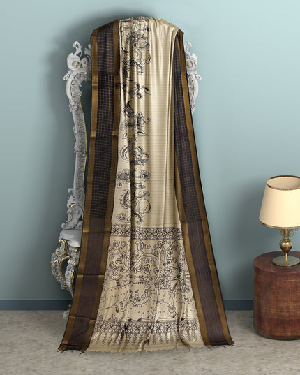 Cream Bangalore Silk Pen Kalamkari Saree with Handpainted Mythological Figures, Width 110 Cms, Origin: Sri Kalahasthi, India, 5.5 Mtrs with Blouse Piece-D22833