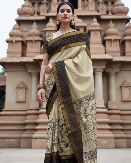 Cream Bangalore Silk Pen Kalamkari Saree with Handpainted Mythological Figures, Width 110 Cms, Origin: Sri Kalahasthi, India, 5.5 Mtrs with Blouse Piece-D22833