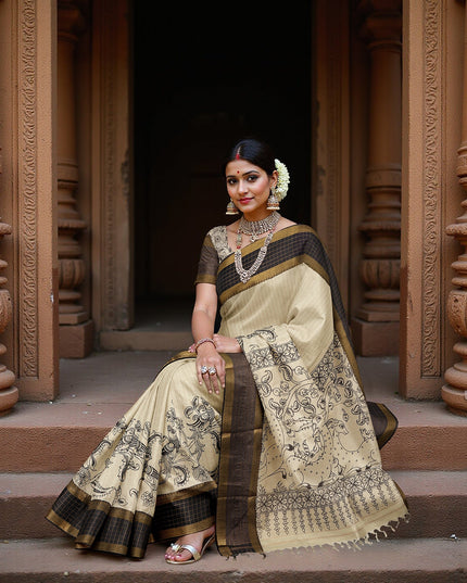 Cream Bangalore Silk Pen Kalamkari Saree with Handpainted Mythological Figures, Width 110 Cms, Origin: Sri Kalahasthi, India, 5.5 Mtrs with Blouse Piece-D22833