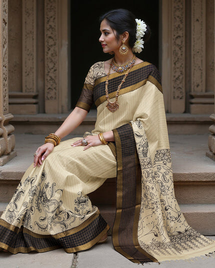 Cream Bangalore Silk Pen Kalamkari Saree with Handpainted Mythological Figures, Width 110 Cms, Origin: Sri Kalahasthi, India, 5.5 Mtrs with Blouse Piece-D22833