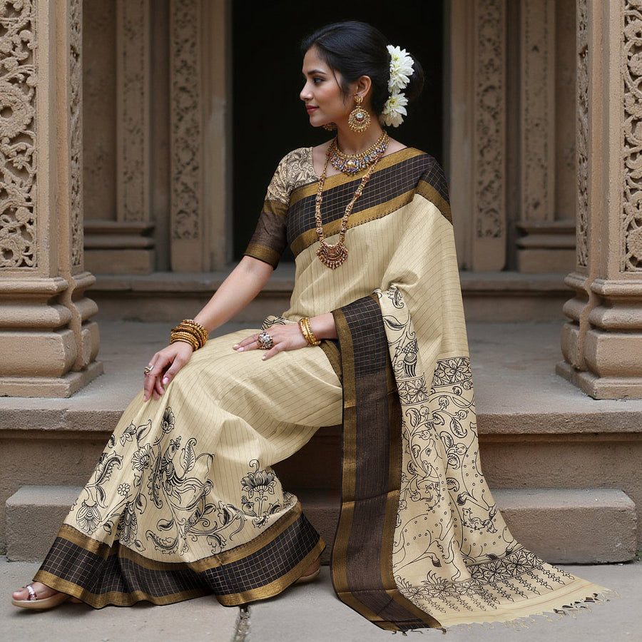 Cream Bangalore Silk Pen Kalamkari Saree with Handpainted Mythological Figures, Width 110 Cms, Origin: Sri Kalahasthi, India, 5.5 Mtrs with Blouse Piece-D22833