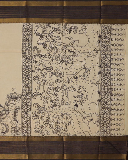 Cream Bangalore Silk Pen Kalamkari Saree with Handpainted Mythological Figures, Width 110 Cms, Origin: Sri Kalahasthi, India, 5.5 Mtrs with Blouse Piece-D22833