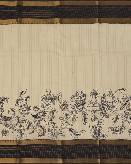 Cream Bangalore Silk Pen Kalamkari Saree with Handpainted Mythological Figures, Width 110 Cms, Origin: Sri Kalahasthi, India, 5.5 Mtrs with Blouse Piece-D22833