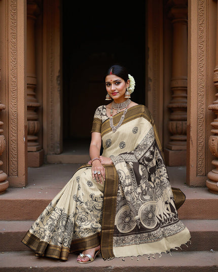 ساري كالامكاري حريري كريمي من بنغالور، مزين بمشاهد تقليدية مرسومة يدويًا، عرض 110 سم، أصله: سري كالاهاستي، الهند، طوله 5.5 متر مع بلوزة - D22834