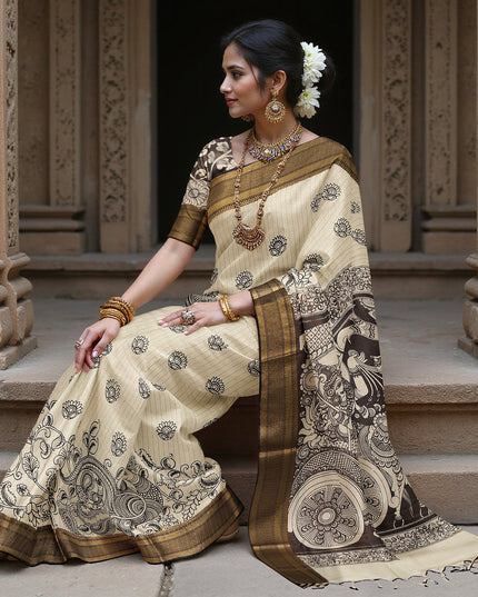 ساري كالامكاري حريري كريمي من بنغالور، مزين بمشاهد تقليدية مرسومة يدويًا، عرض 110 سم، أصله: سري كالاهاستي، الهند، طوله 5.5 متر مع بلوزة - D22834