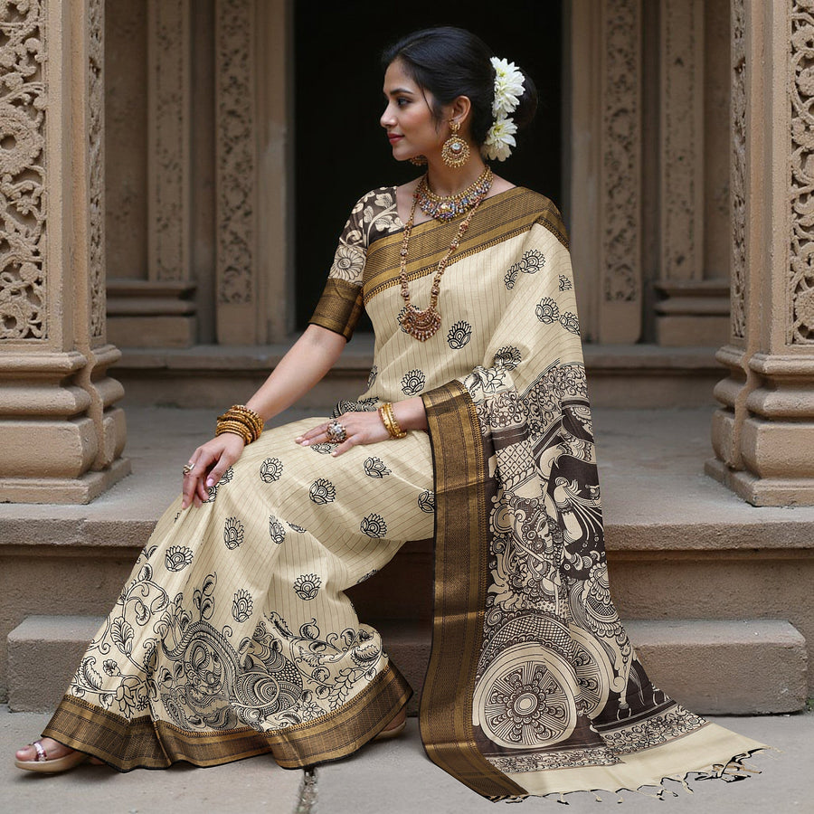 ساري كالامكاري حريري كريمي من بنغالور، مزين بمشاهد تقليدية مرسومة يدويًا، عرض 110 سم، أصله: سري كالاهاستي، الهند، طوله 5.5 متر مع بلوزة - D22834