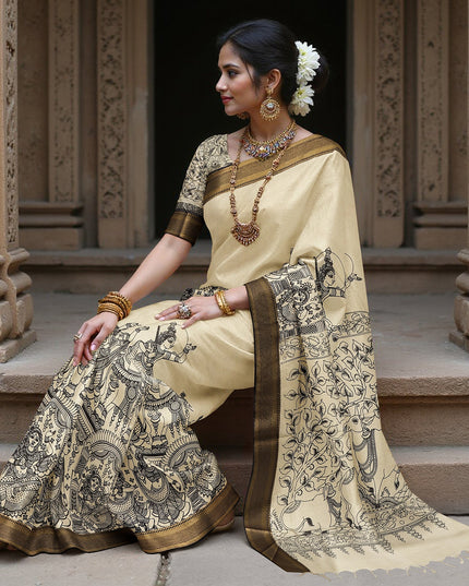 ساري كالامكاري حريري كريمي من بنغالور بنقوش أسطورية مرسومة يدويًا، عرض 110 سم، أصله: سري كالاهاستي، الهند، طوله 5.5 متر مع بلوزة - D22837