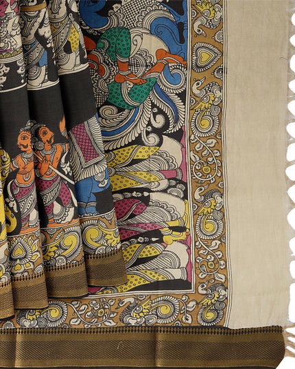 ساري كالامكاري حريري أسود من بنغالور، مزين برسومات أسطورية مرسومة يدويًا، عرض 110 سم، أصله: سري كالاهاستي، الهند، طوله 5.5 متر مع بلوزة - D22838