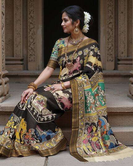 ساري كالامكاري حريري أسود من بنغالور، مزين برسومات أسطورية مرسومة يدويًا، عرض 110 سم، أصله: سري كالاهاستي، الهند، طوله 5.5 متر مع بلوزة - D22838