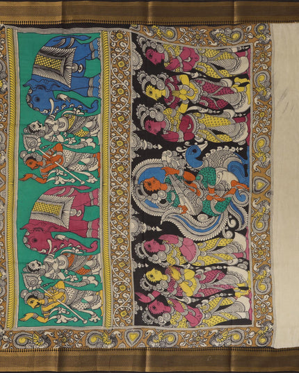 ساري كالامكاري حريري أسود من بنغالور، مزين برسومات أسطورية مرسومة يدويًا، عرض 110 سم، أصله: سري كالاهاستي، الهند، طوله 5.5 متر مع بلوزة - D22838