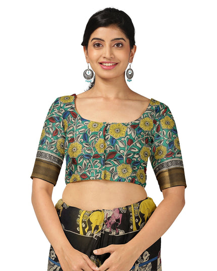 ساري كالامكاري حريري أسود من بنغالور، مزين برسومات أسطورية مرسومة يدويًا، عرض 110 سم، أصله: سري كالاهاستي، الهند، طوله 5.5 متر مع بلوزة - D22838