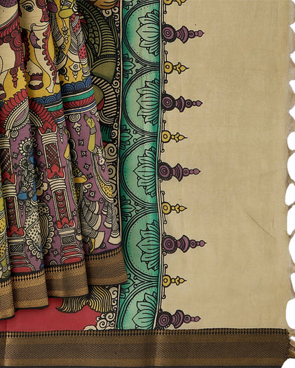 Mustard Yellow Bangalore Silk Pen Kalamkari Saree with Handpainted Epic Narratives, Width 110 Cms, Origin: Sri Kalahasthi, India, 5.5 Mtrs with Blouse Piece-D22839