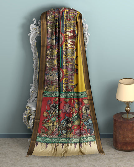 Mustard Yellow Bangalore Silk Pen Kalamkari Saree with Handpainted Epic Narratives, Width 110 Cms, Origin: Sri Kalahasthi, India, 5.5 Mtrs with Blouse Piece-D22839