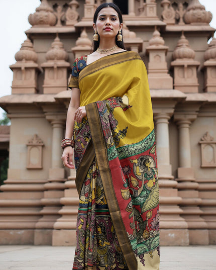 Mustard Yellow Bangalore Silk Pen Kalamkari Saree with Handpainted Epic Narratives, Width 110 Cms, Origin: Sri Kalahasthi, India, 5.5 Mtrs with Blouse Piece-D22839