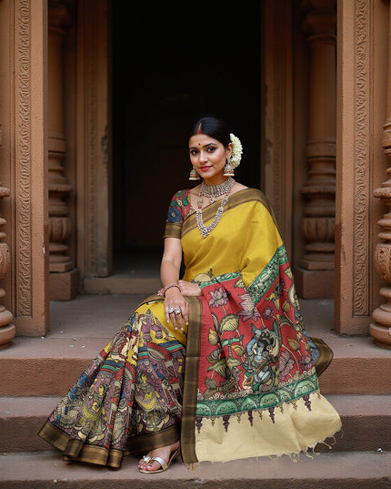 Mustard Yellow Bangalore Silk Pen Kalamkari Saree with Handpainted Epic Narratives, Width 110 Cms, Origin: Sri Kalahasthi, India, 5.5 Mtrs with Blouse Piece-D22839
