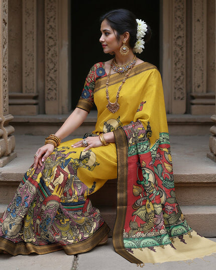 Mustard Yellow Bangalore Silk Pen Kalamkari Saree with Handpainted Epic Narratives, Width 110 Cms, Origin: Sri Kalahasthi, India, 5.5 Mtrs with Blouse Piece-D22839