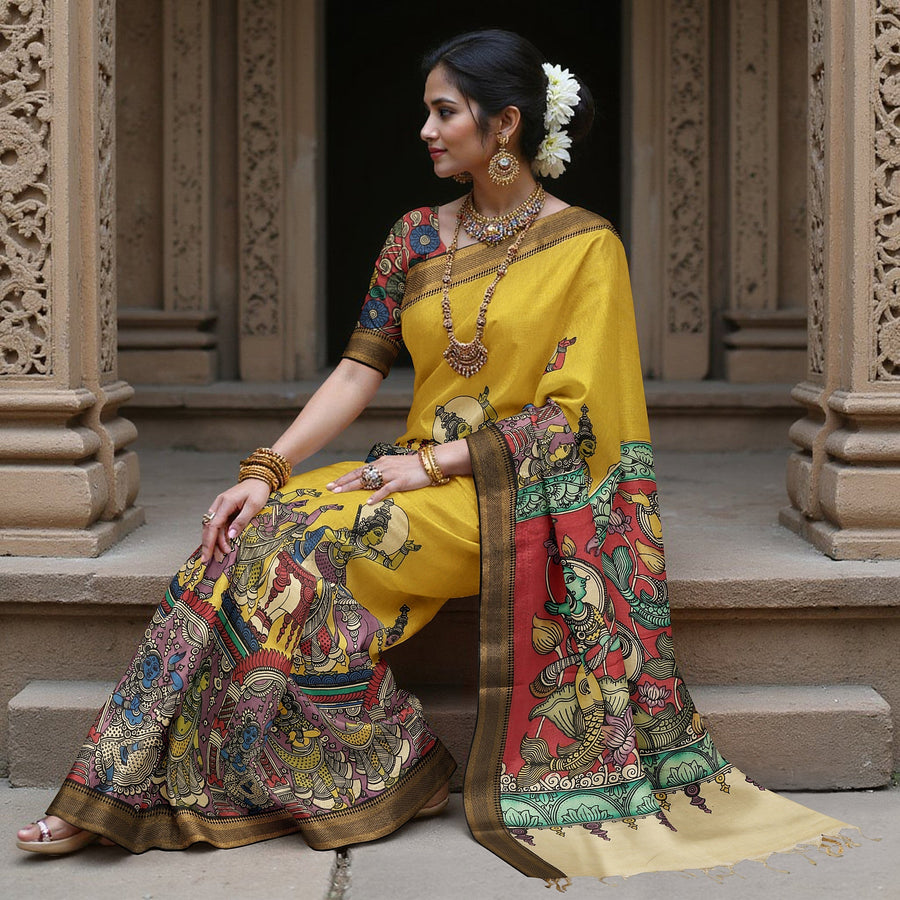 Mustard Yellow Bangalore Silk Pen Kalamkari Saree with Handpainted Epic Narratives, Width 110 Cms, Origin: Sri Kalahasthi, India, 5.5 Mtrs with Blouse Piece-D22839