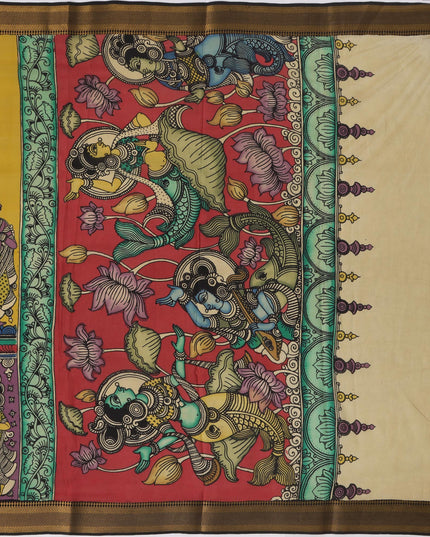 Mustard Yellow Bangalore Silk Pen Kalamkari Saree with Handpainted Epic Narratives, Width 110 Cms, Origin: Sri Kalahasthi, India, 5.5 Mtrs with Blouse Piece-D22839