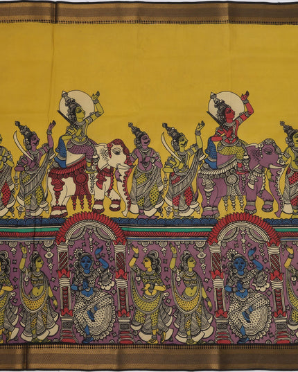 Mustard Yellow Bangalore Silk Pen Kalamkari Saree with Handpainted Epic Narratives, Width 110 Cms, Origin: Sri Kalahasthi, India, 5.5 Mtrs with Blouse Piece-D22839
