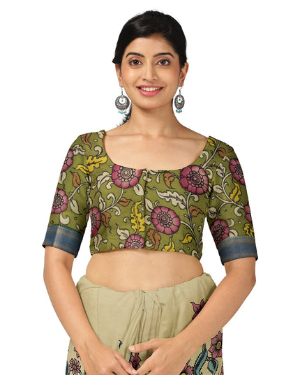 ساري كالامكاري حريري كريمي من بنغالور بزخارف تقليدية مرسومة يدويًا، عرض 110 سم، أصله: سري كالاهاستي، الهند، طوله 5.5 متر مع قطعة بلوزة - D22840