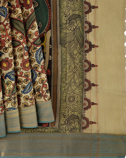 ساري كالامكاري حريري متعدد الألوان من بنغالور، مزين بمشاهد أسطورية مرسومة يدويًا، عرض 110 سم، أصله: سري كالاهاستي، الهند، طوله 5.5 متر مع بلوزة - D22841