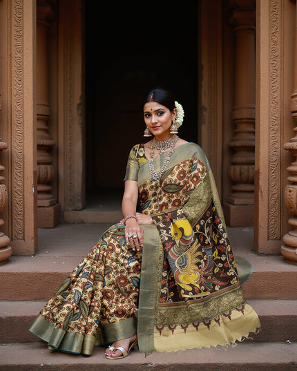 ساري كالامكاري حريري متعدد الألوان من بنغالور، مزين بمشاهد أسطورية مرسومة يدويًا، عرض 110 سم، أصله: سري كالاهاستي، الهند، طوله 5.5 متر مع بلوزة - D22841